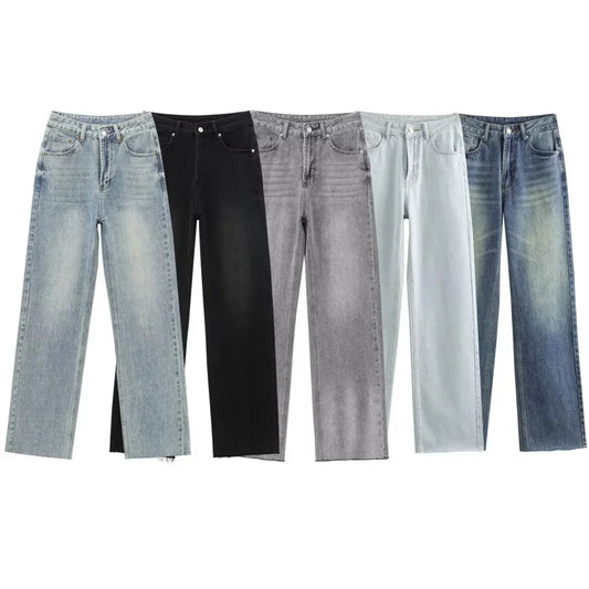 Wide-leg high-waisted jeans  women's classic everything with five pockets washed soft comfortable ultra-long jeans6045022