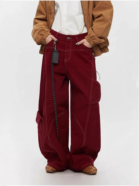 2025 Cyber Y2K Fashion Red Patchwork Baggy Cargo Jeans Pants For Men Designer Clothes Wide Leg Women Denim Trousers Ropa Hombre