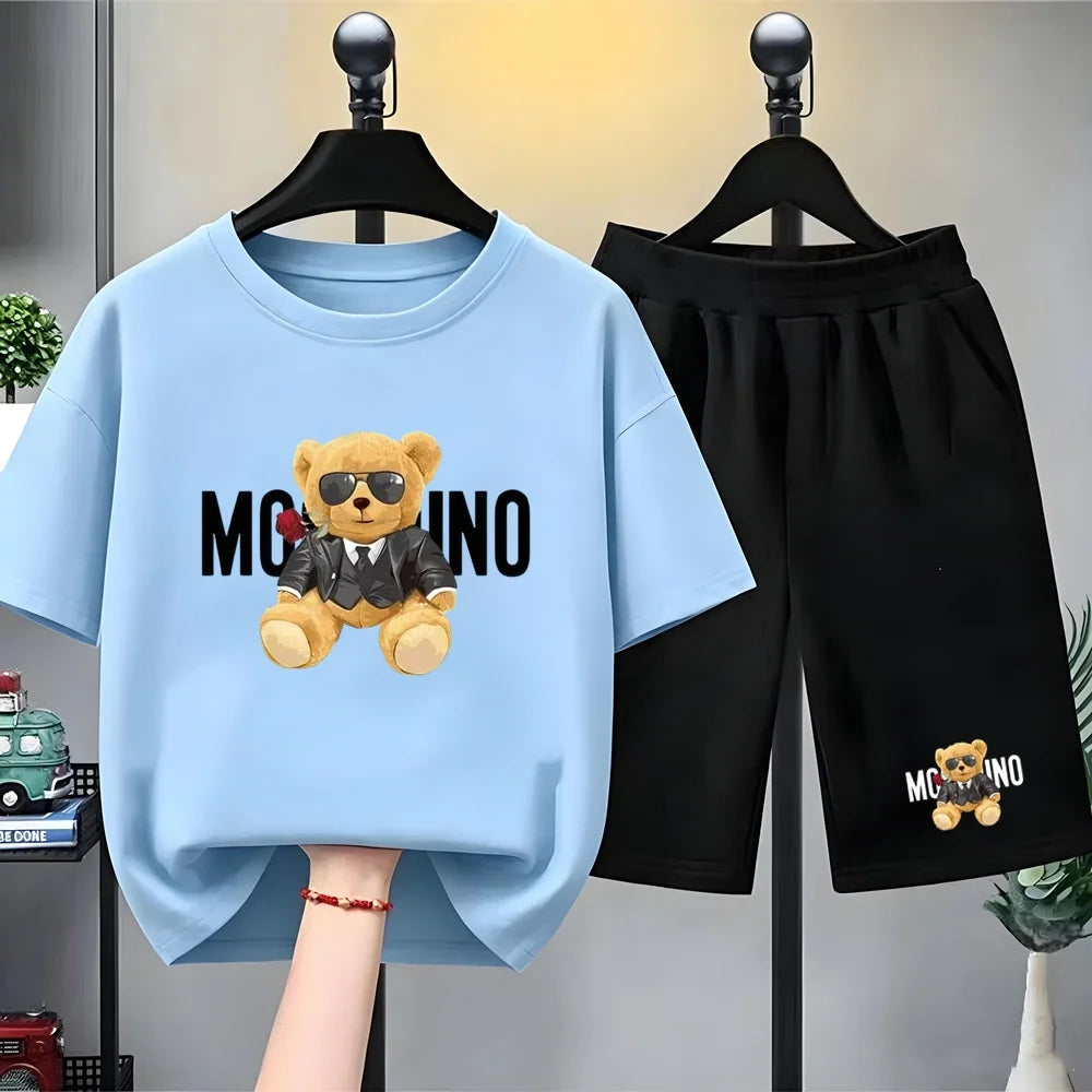Fashion Letter Bear Print Children Summer Clothing Tshirt+Shorts Black Boy Girl Red Toddler 3-12Yrs Leisure Short-Sleeved Set