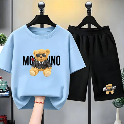 Fashion Letter Bear Print Children Summer Clothing Tshirt+Shorts Black Boy Girl Red Toddler 3-12Yrs Leisure Short-Sleeved Set