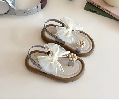 Brand Designer Ribbons Sandals for Girls Beaded Flip Flop Evening Party Dress Shoes Tulle Bow-tie Child Shoes Girl Sandal I06034