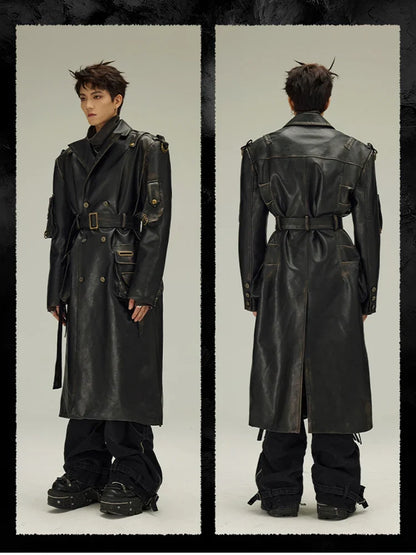 Spring Autumn Long  Distressed Black Pu Leather Trench Coat Men Belt Double Breasted Luxury European Fashion 2023