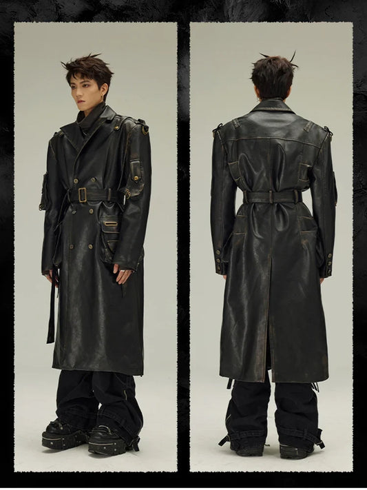 Spring Autumn Long  Distressed Black Pu Leather Trench Coat Men Belt Double Breasted Luxury European Fashion 2023