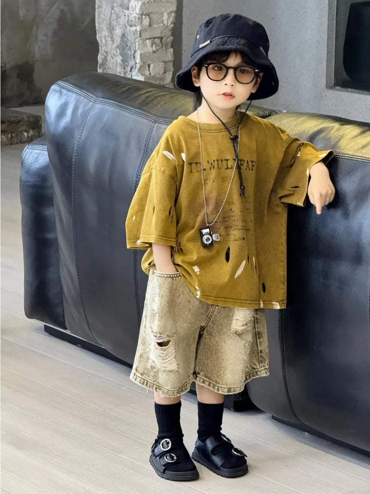 2026 Summer New Boys' Distressed Tie Dye Short Sleeved T-Shirt Junior Sizes Stylish Trendy Kids' Apparel