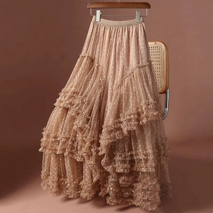 2026 Mesh Heart Printed Skirt Women Elastic High Waist Skirt Elegant Tulle A Line Ruffle Party Skirt Long Summer Saia Feminina