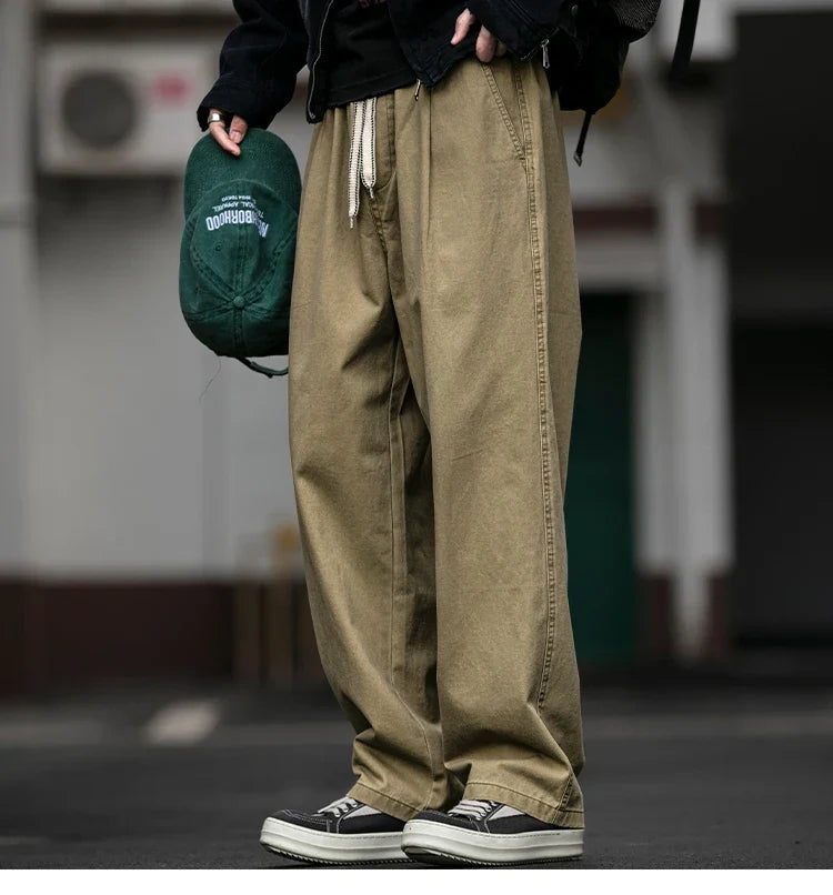 Spring Summer Cargo Pants Men Cotton Enzyme Wash Distressed Loose Fit Straight Leg Khaki Drawstring Elastic Waist Casual Pants