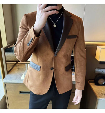 High Quality Deerskin Velvet Splicing Leather Collar Suit Blazers Men Casual Business Slim Coats Mens Social Wedding Clothing