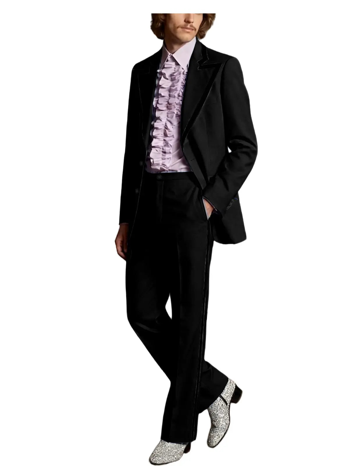Men's Tuxedo Suit with Black Trim 2-Piece Slim Fit Blazer Pants Set Business Casual Jacket Straight Leg Trousers Formal Outfit
