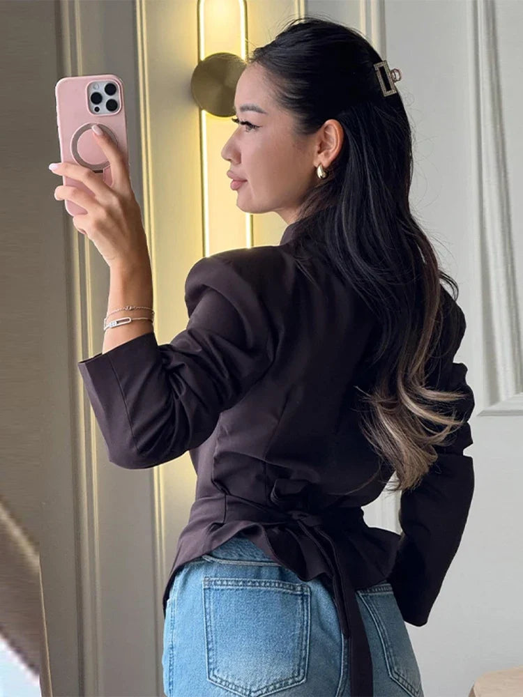 Chic Pleated Waist Cinched Women's Jacket V Neck Single Breasted Lace Up Blazer Coat Lady 2026 Casual Slim Commute Outerwear
