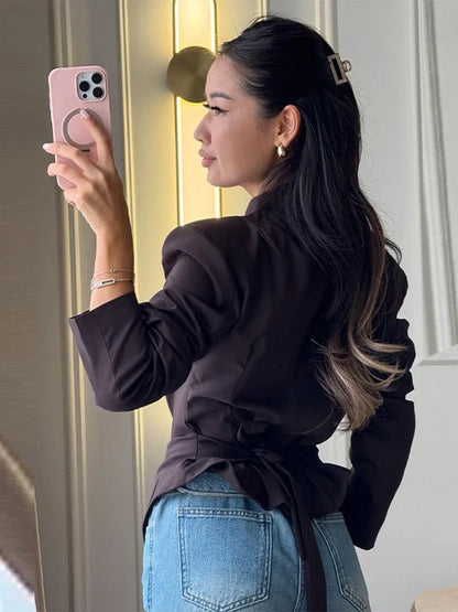 Chic Pleated Waist Cinched Women's Jacket V Neck Single Breasted Lace Up Blazer Coat Lady 2026 Casual Slim Commute Outerwear