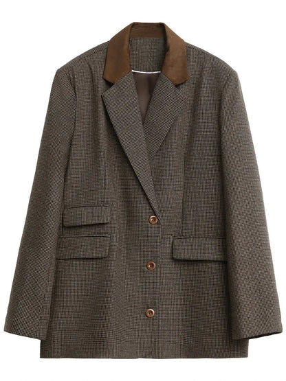 Women's Woolen Blazer Loose Retro Single Breasted Female Jacket Mid Length Plaid Coat for Woman Autumn Winter 2024