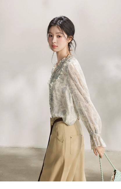 Women's Light Blue Paisley Print Ruffle Blouse V-neck Sheer Long Sleeve Chiffon Shirt Casual Summer Wear MXF13X2549