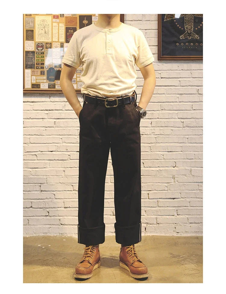 Black Men's Jeans Relaxed Fit 14.5oz Selvedge Denim Officer Trousers