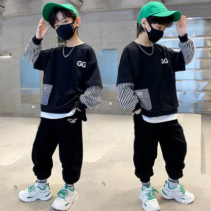 Spring Autumn Girls Boys Striped Patchwork Workout Sweatshirt+Sweatpant Set School Kid 2PCS Tracksuit Child Jogger Outfit 3-14Yr