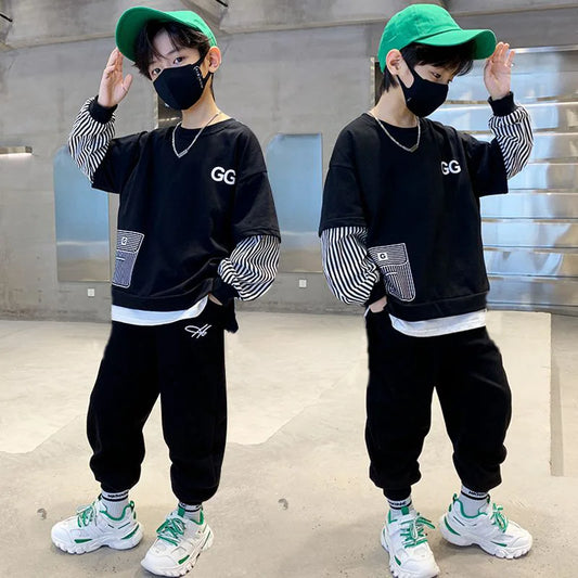 Spring Autumn Girls Boys Striped Patchwork Workout Sweatshirt+Sweatpant Set School Kid 2PCS Tracksuit Child Jogger Outfit 3-14Yr