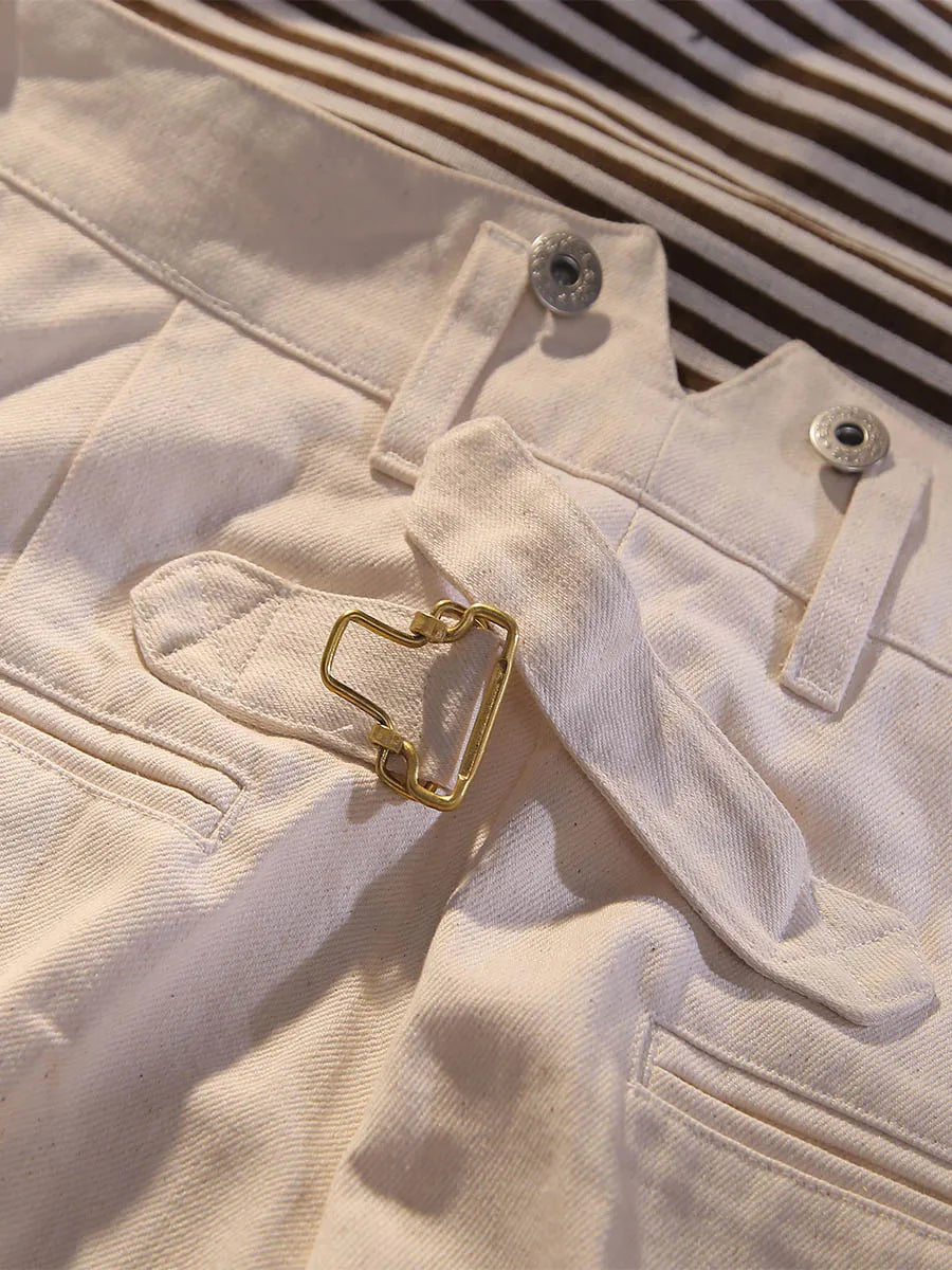 Beige Fishtail Waist Officer's Pants Vintage Deck Loose High Waist Straight Leg Casual Pants Cotton Wide Leg Pants