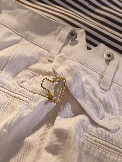 Beige Fishtail Waist Officer's Pants Vintage Deck Loose High Waist Straight Leg Casual Pants Cotton Wide Leg Pants