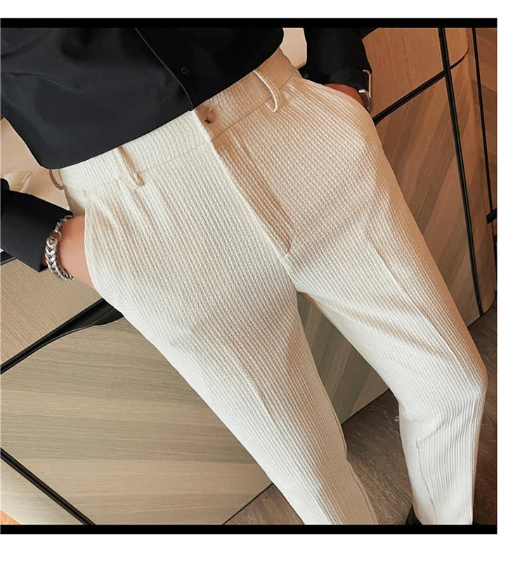 Men's Waffle Casual Pants Fashion Korean Stretch Waist Business Formal Pants Mens Social Party Suit Pants Streetwear Pencil Pant