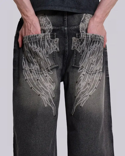 Cowboy shorts with rivet design and street wing pattern fashionable high waisted wide leg pants for Y2K knee length pants