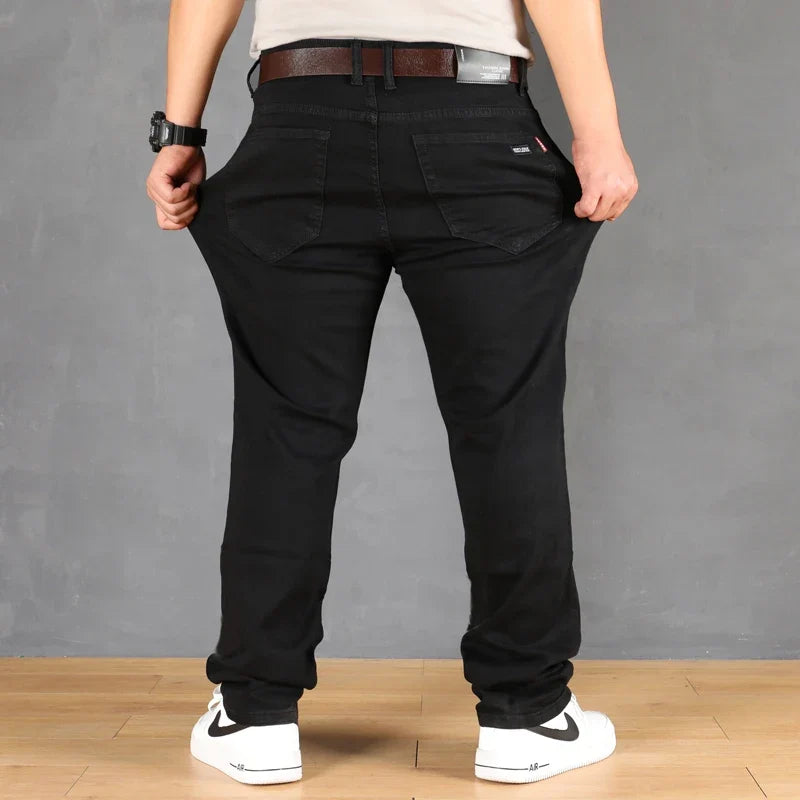 Plus Size Men's Solid Barrel Denim Pants For Spring Fall Casual Black Trendy Jeans For Men