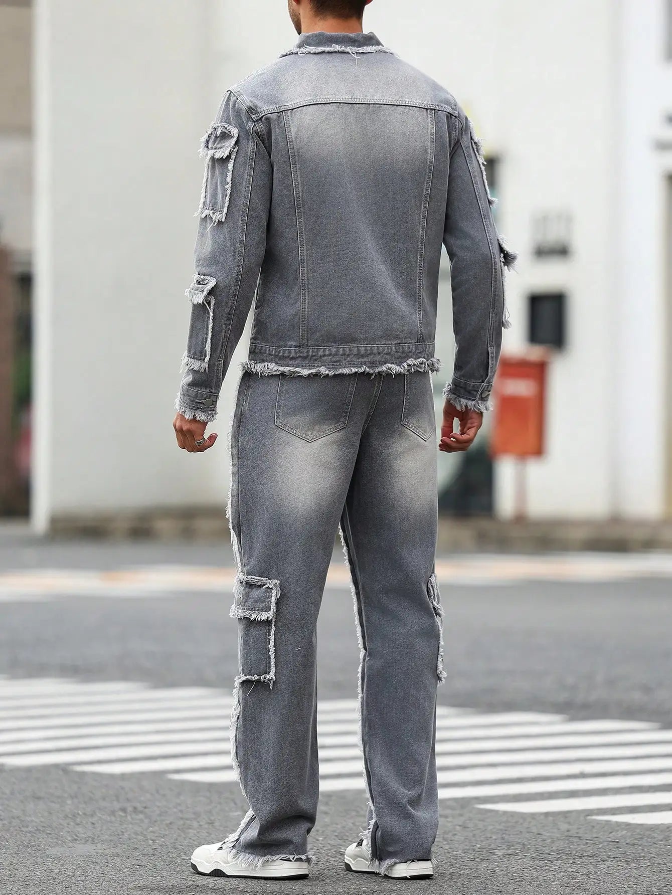 Men's Street Style Casual Distressed Raw-Hem Grey Denim Set, a Minimalist and Fashionable Two-Piece Ensemble.