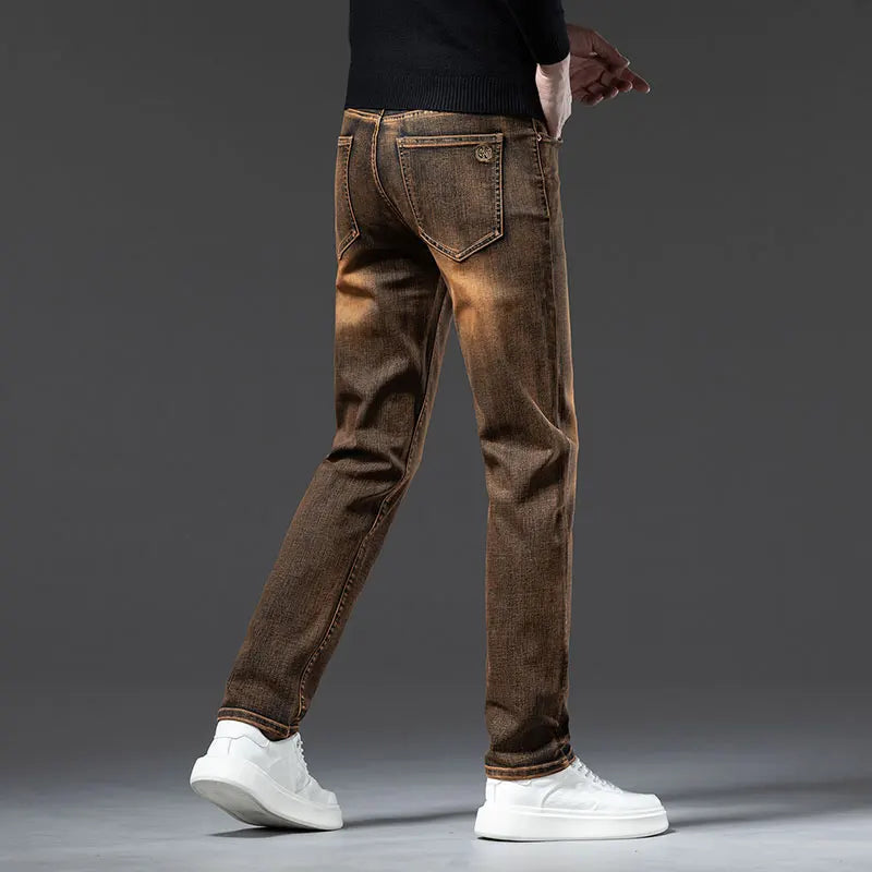 2025 New High-end High-quality Denim Double-core Cotton Elastic Jeans Retro Nostalgic Men's Straight-fit Trousers
