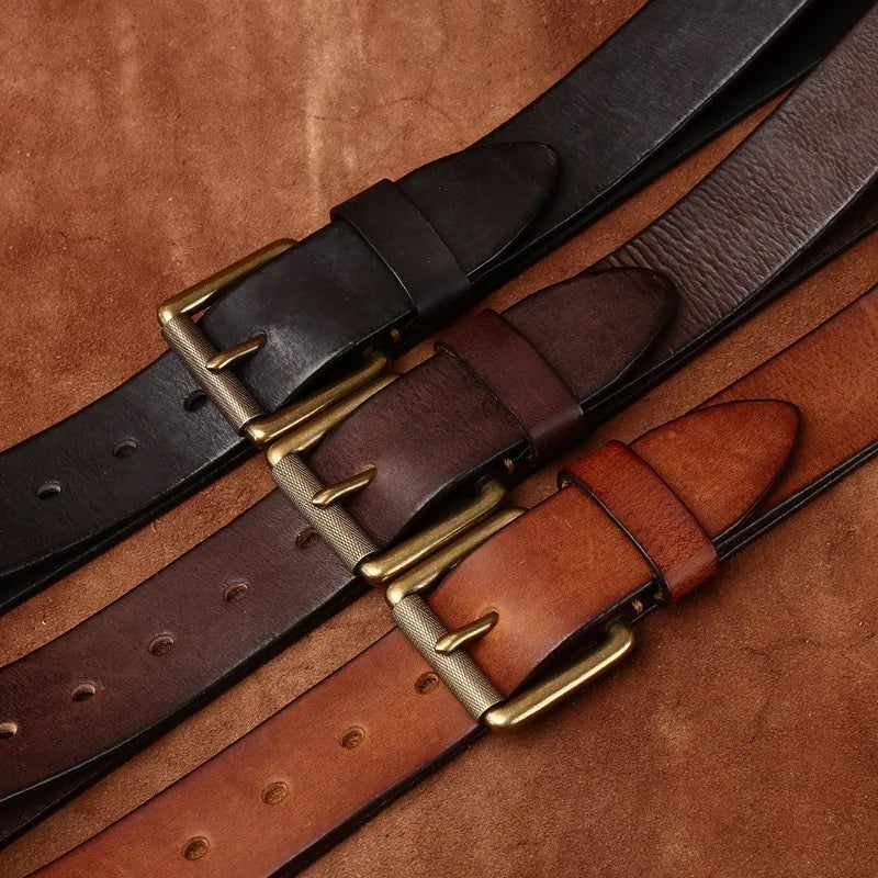 3.8CM Genuine Leather Belt Men Luxury Strap Male Fashion Pure Cowhide Copper Buckle Wild Classic Retro Pin Buckle High Quality