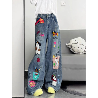 Retro American Cartoon Floing Embroidery Jeans Men Women Cleanfit Waed Loose Wide Leg Pants Couples Casual Loose Fit