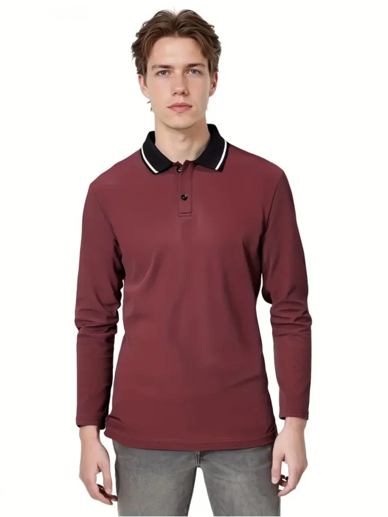 Men's Slim Fit Solid Color Breathable Anti-Wrinkle Polo Shirt Casual Business Long Sleeve Collar Spring Autumn Commute