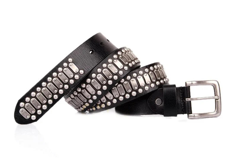 3.8CM Real Genuine Leather Belt Metal Pin Buckle Men Belt Male Wide Cowhide Hiphop Rock Rivet Belts for Men Ceinture Black