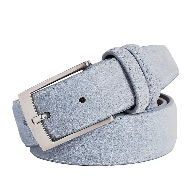2025 Fashion Suede Belt Cow Genuine For Man And Lady With Oxford Fabric Strap Genuine Leather Luxury Pin Buckle Blue Belts