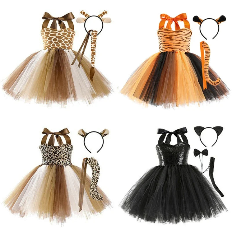 New Tutu Skirt Set Children's Clothing Animal Cos Elk Halloween Clothing Little Cat Mesh Girls' Dress School Performance Dress