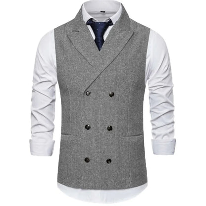 Men Vest Brown Herringbone Double Breasted Buckle Solid Business Casual Waistcoat Regular Slim Banquet Men Suit Vest