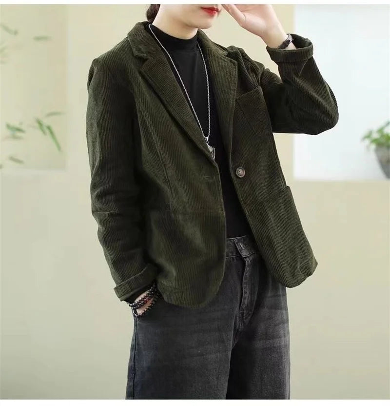 Female Loose Casual Office Ladies Spring Autumn Blazer Jacket Women Korean Long Sleeve Corduroy Suit Coat