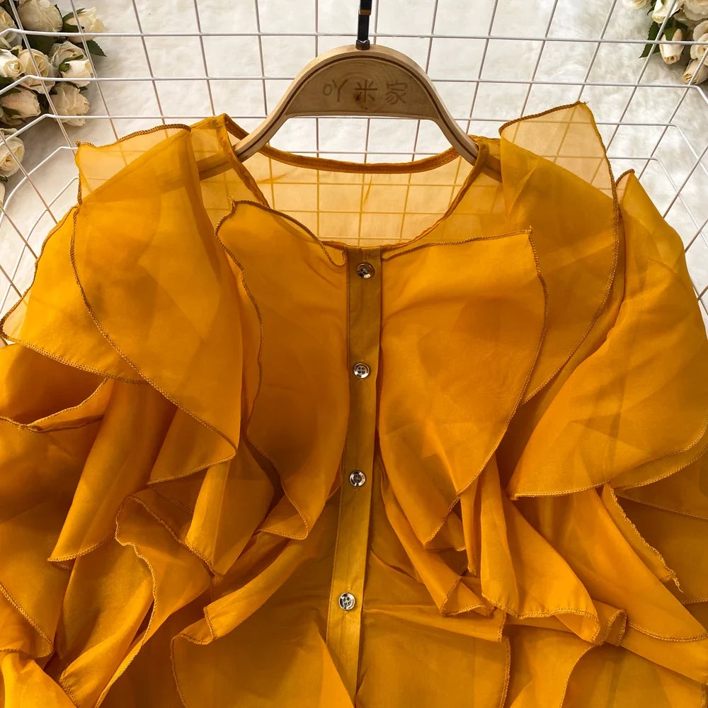 Autumn Blouse for Women Fashion O-neck Long Puff Sleeve Flounced Edge Shirts French Chic Versatile Female Tops Dropshipping