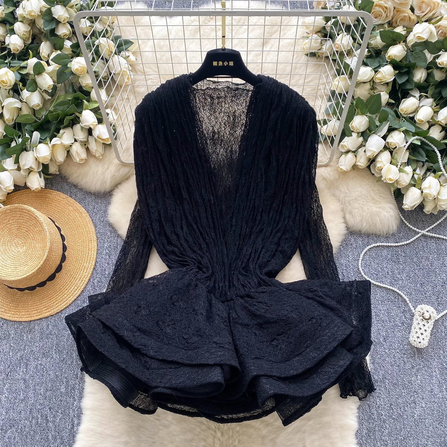 Autumn Streetwear Tops Suits Women O Neck Full Sleeves Thin Sheer Lace Shirts+Sleeveless Outerwear Ruffles Tank Top