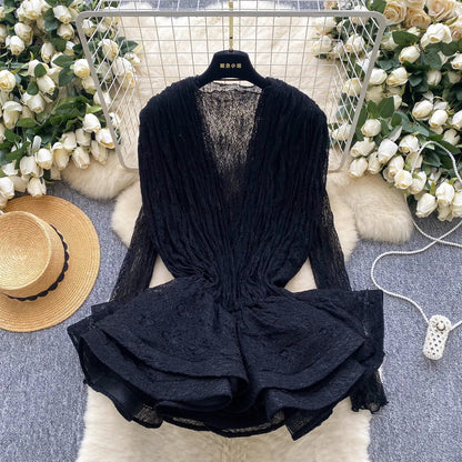 Autumn Streetwear Tops Suits Women O Neck Full Sleeves Thin Sheer Lace Shirts+Sleeveless Outerwear Ruffles Tank Top