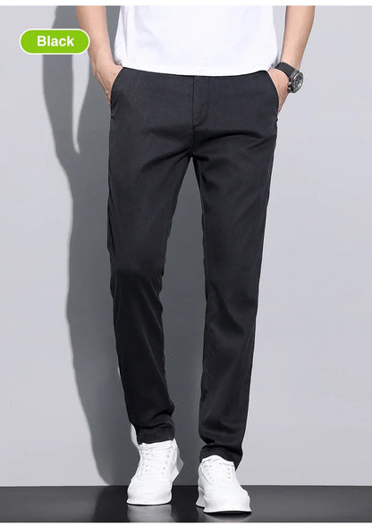 Fiber Fabric Summer Men's Casual Pants Fashion Thin Soft Breathable Elastic Business Slim Straight Trousers Black Gray