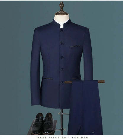 Suit (Blazer+ Vest + Pants) Men's Fashion Gentleman Business Outdoor Standing Collar Gentleman Wedding Work Casual MAO Suit