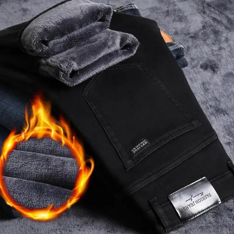 2025 New Business Casual Trousers Grey Fleece Men Clothes Black Blue Elasticity Warm Winter Jeans Velvet Jeans 28-40