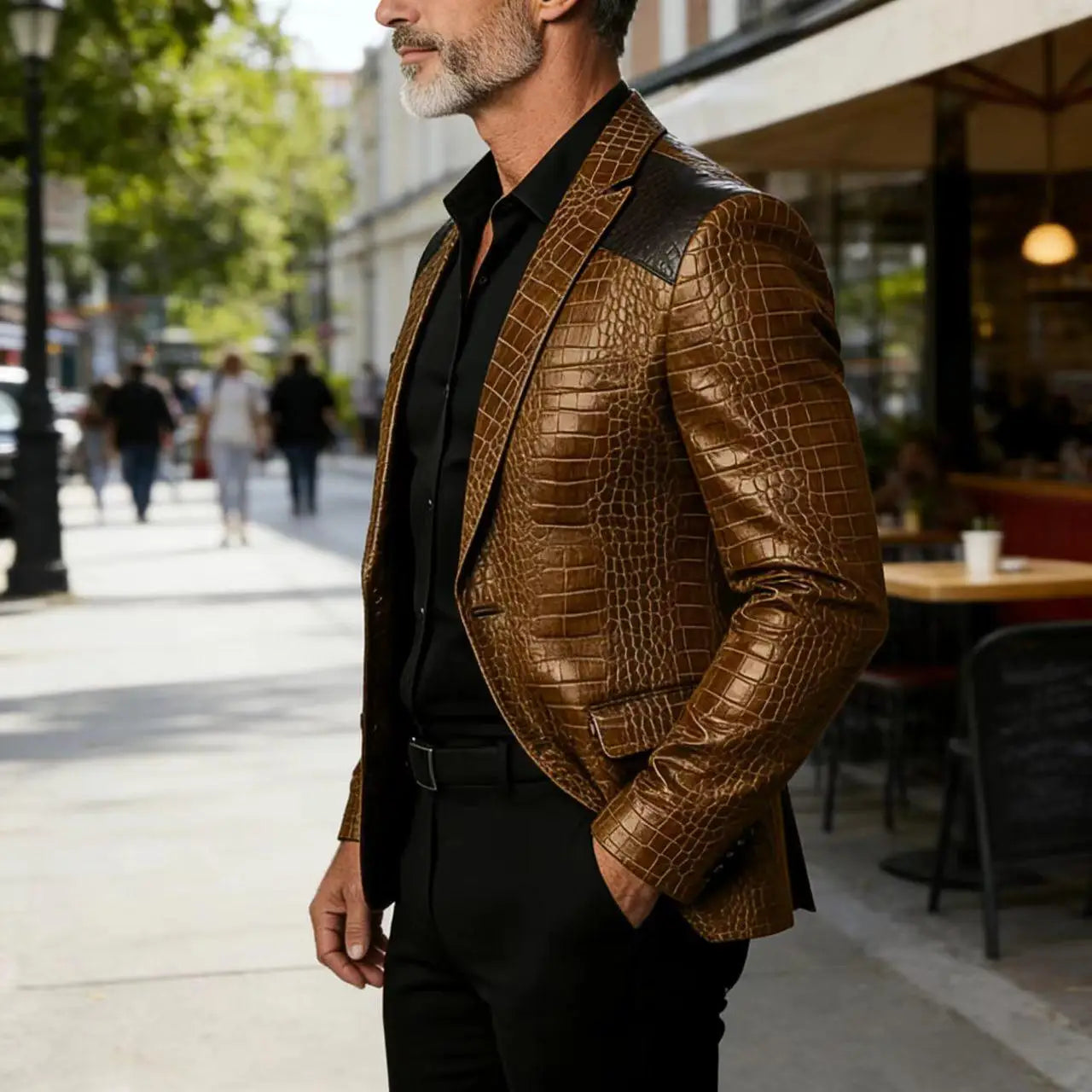 Men's Crocodile Pattern Leather Blazer Patchwork PU Leather Suit Jacket Notched Lapel Slim Fit Business Casual Coat Outerwear