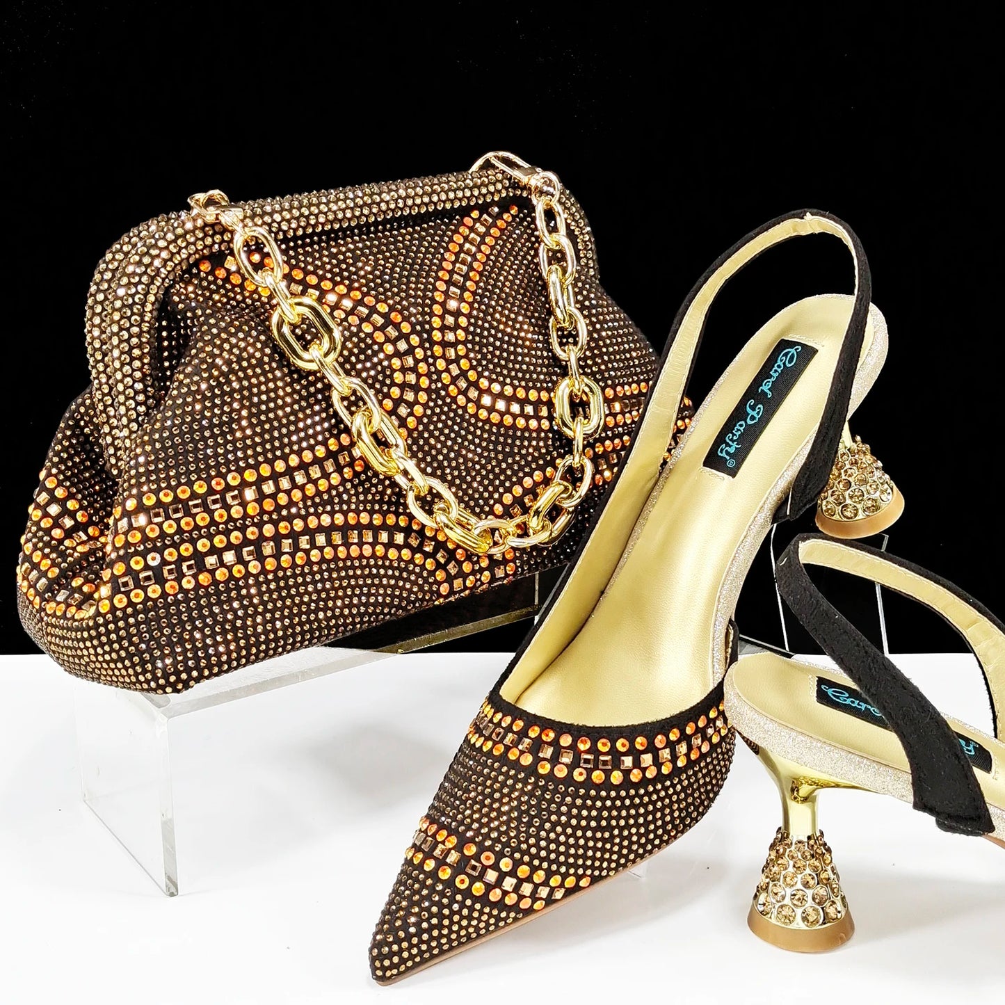 New Italian Pumps and Bag To Party 2024 INS Style Pointed-Toe Rhinestone Elegant High Heels Champagne Wedge for Women