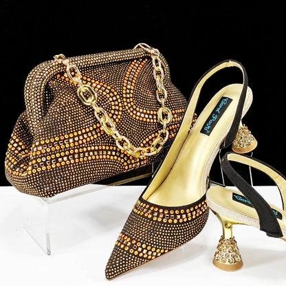 New Italian Pumps and Bag To Party 2024 INS Style Pointed-Toe Rhinestone Elegant High Heels Champagne Wedge for Women