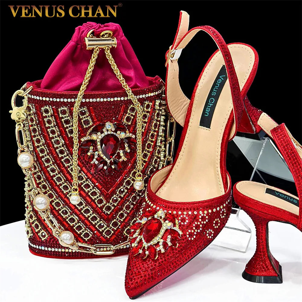 Nigerian Heel Party for Women Red Color Shoes and Bag Set Rhinestone Handbag Italian Design Wedding INS 2024