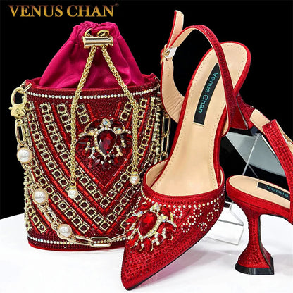 Nigerian Heel Party for Women Red Color Shoes and Bag Set Rhinestone Handbag Italian Design Wedding INS 2024
