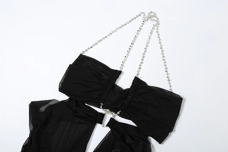 Prom Party Gown Dress Woman Sexy See Through Luxury Chain Halter Low-Neck Backless Sleeveless Midnight Elegant Vestidos