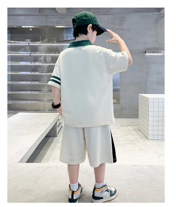 Boys Set Summer Children Clothing Korean Style Costumes Cotton Polo Shirt Shorts 2pcs Kids Casual Outfits Tracksuit Age 5-14 Y
