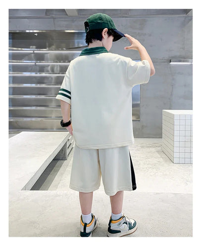 Boys Set Summer Children Clothing Korean Style Costumes Cotton Polo Shirt Shorts 2pcs Kids Casual Outfits Tracksuit Age 5-14 Y