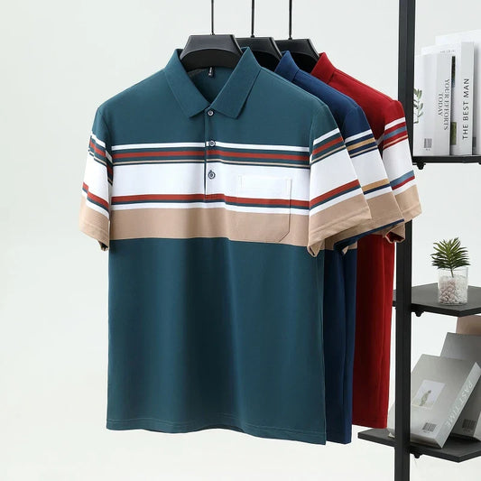 High quality fashion men's short sleeve polo shirt summer minimalist pocket design striped color blocking comfortable T-shirt