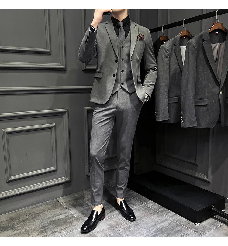 ( Blazer + Vest + Pants ) Boutique Fashion Solid Color Men's Slim Casual Business Suit Three-piece Set Groom Wedding Dress Party